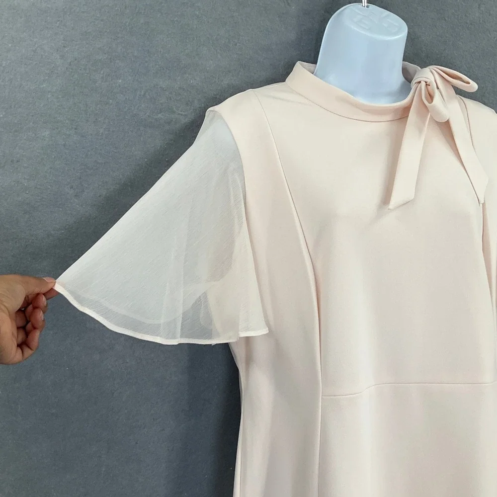 Calvin Klein Dress Women's Sz 16 Sheer Sleeve Mock Neck Bow‎ Blush Pink Formal - Picture 5 of 15